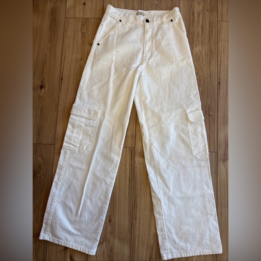 THE MANNEI High Rise Wide Leg White Jean Size 34 Cargo Pockets Luxury 30x34